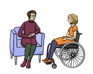 Beraterin spricht mit Frau im Rollstuhl